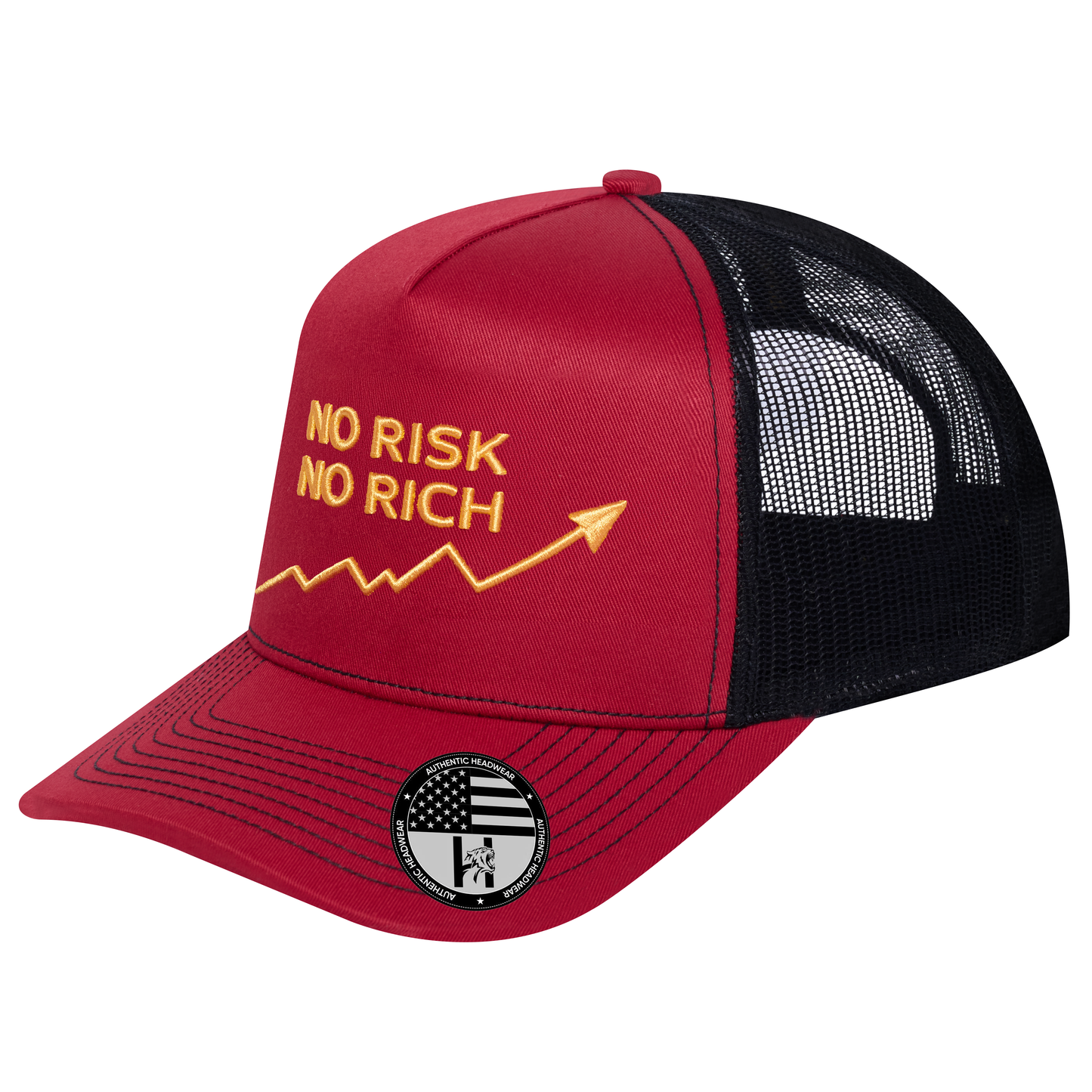 No Risk No Rich 5-Panel Trucker Hat - Burgundy front and Black mesh back - angled view