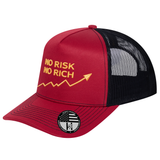 No Risk No Rich 5-Panel Trucker Hat - Burgundy front and Black mesh back - angled view