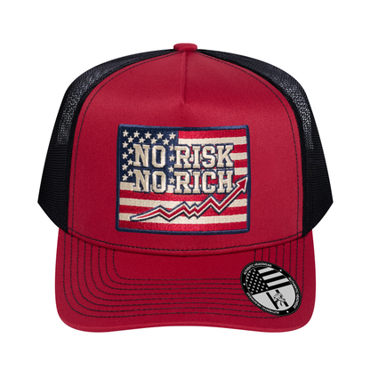 No Risk No Rich US Flag 5-Panel Trucker Hat - Burgundy front and Black mesh back - front view