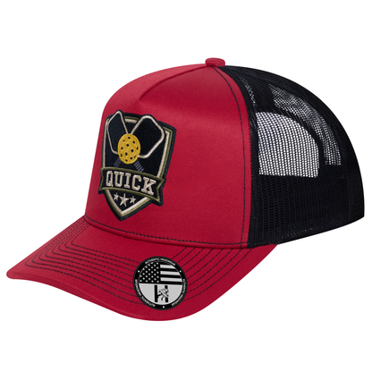 The Quick Pickleball 5-Panel Trucker Hat - Burgundy front and Black mesh back - angled view