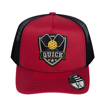 The Quick Pickleball 5-Panel Trucker Hat - Burgundy front and Black mesh back - front view