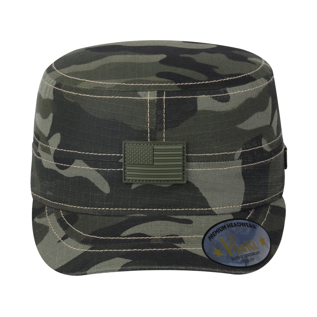 Rubber the US Flag Military Hat with Green Camo front and Green Camo back