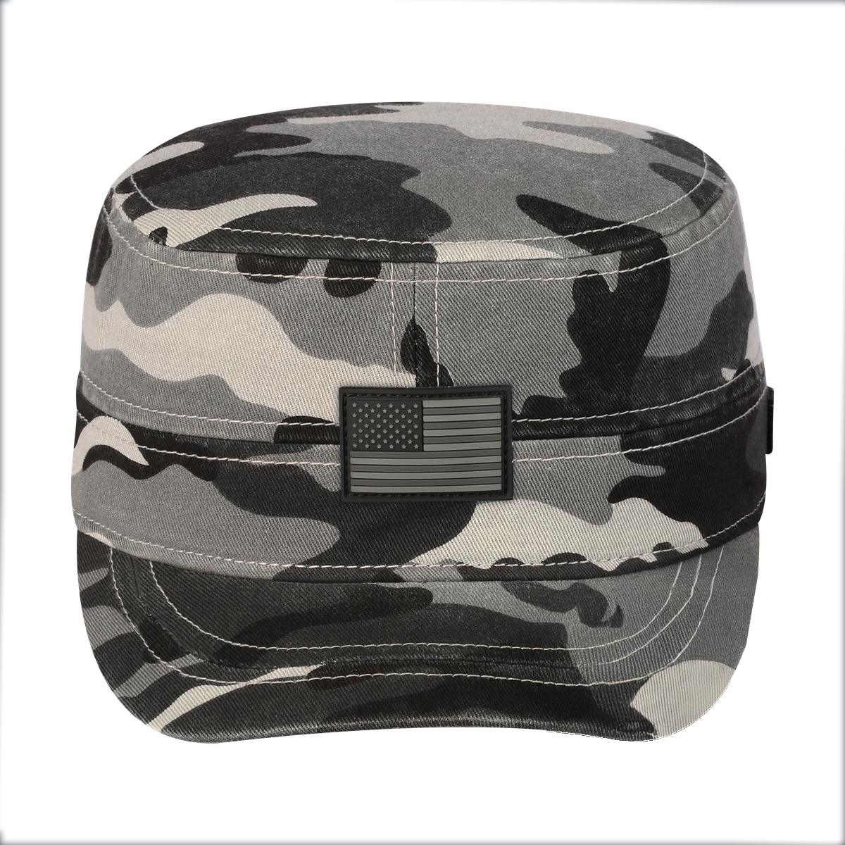 Rubber the US Flag Military Hat with Grey Camo front and Grey Camo back