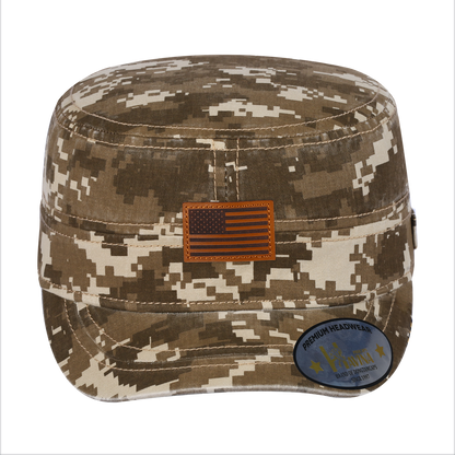 Leather the US Flag Military Hat with Khaki Camo front and Khaki Camo back
