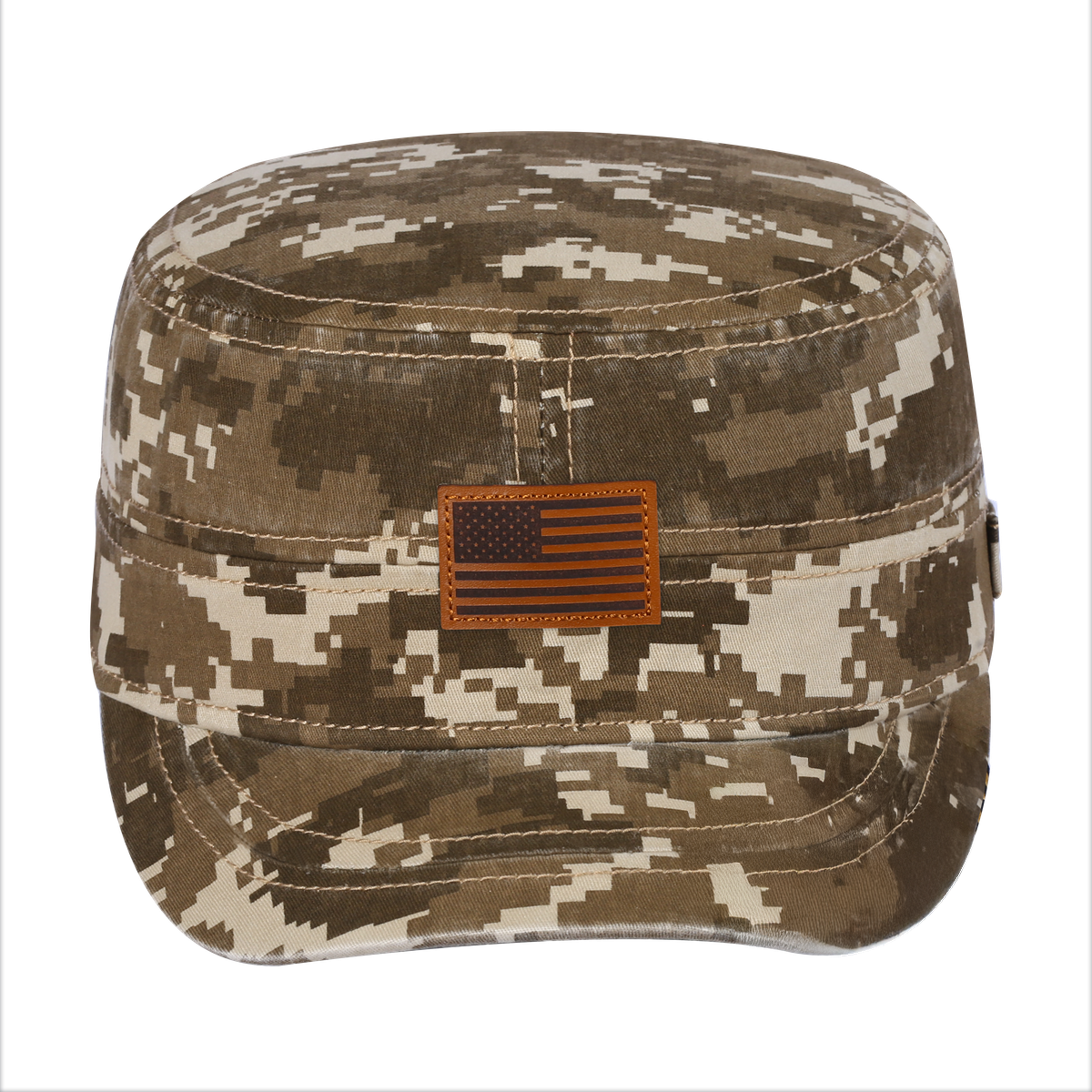 Leather the US Flag Military Hat with Khaki Camo front and Khaki Camo back