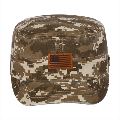 Leather the US Flag Military Hat with Khaki Camo front and Khaki Camo back