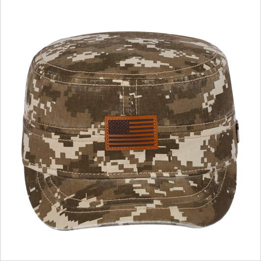 Leather the US Flag Military Hat with Khaki Camo front and Khaki Camo back