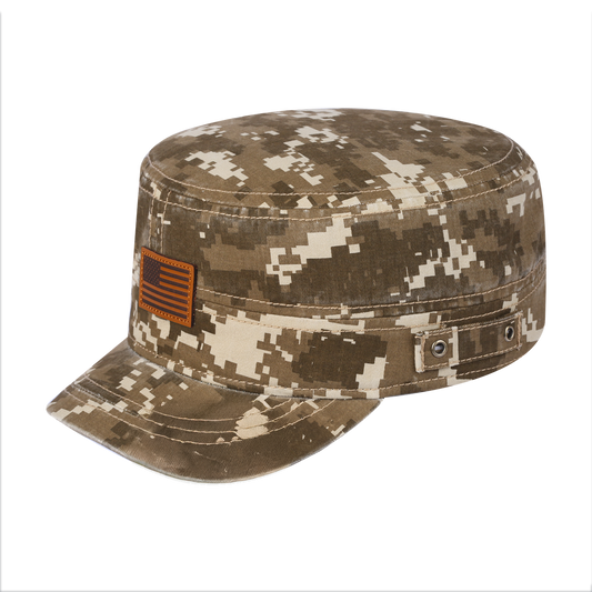 Leather the US Flag Military Hat with Khaki Camo front and Khaki Camo back