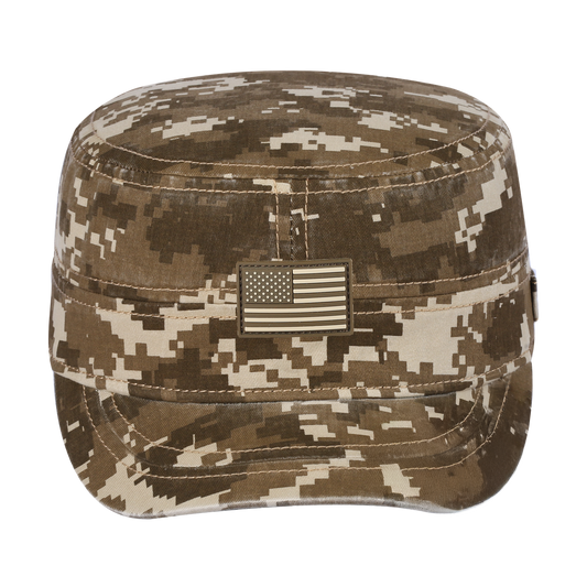 Rubber the US Flag Military Hat with Khaki Camo front and Khaki Camo back