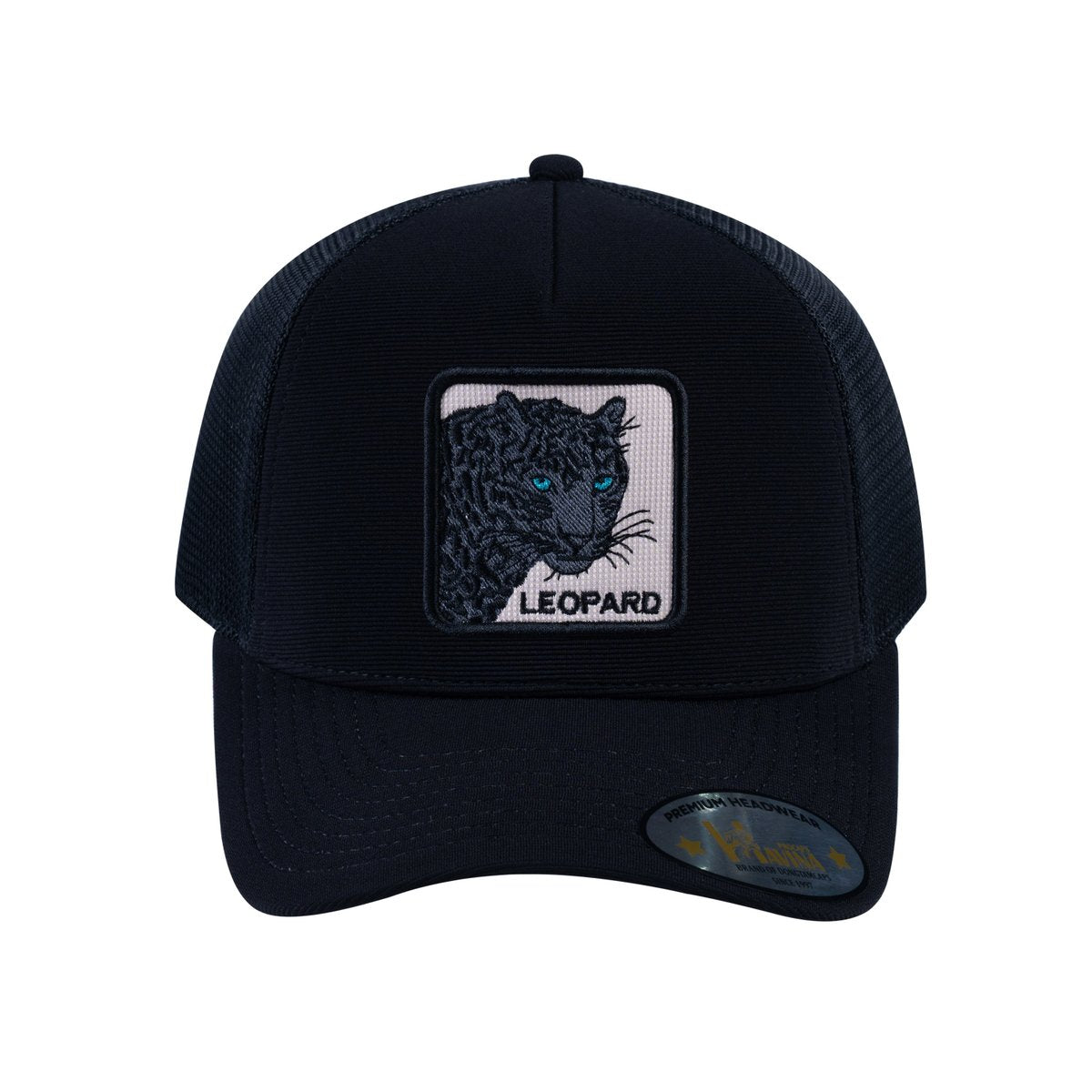 Leopard V2 5-Panel Trucker Hat with Black front and Black back