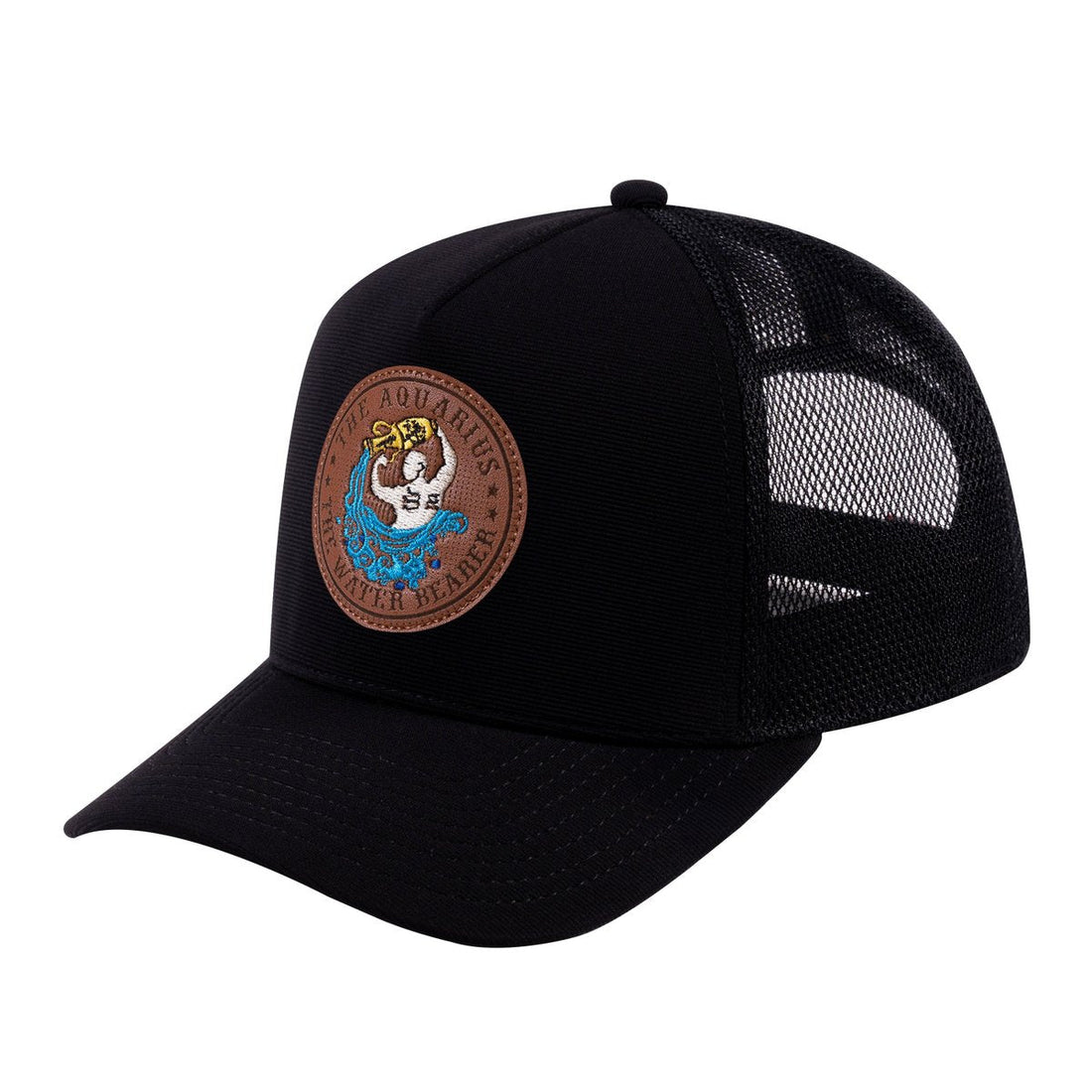 V2 Embroidered And Laser-Engraved Aquarius Zodiac (January 20 - February 18) - 5 Panel Trucker Hat - Black/Black