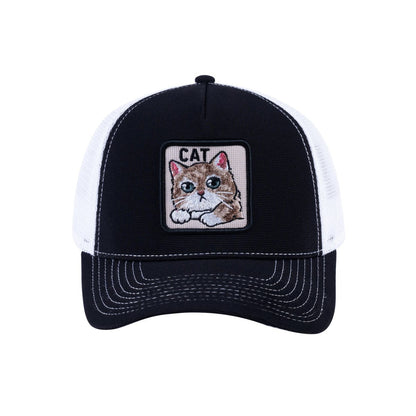 Embroidered The Cat - 5 Panel Trucker Hat - Black/White