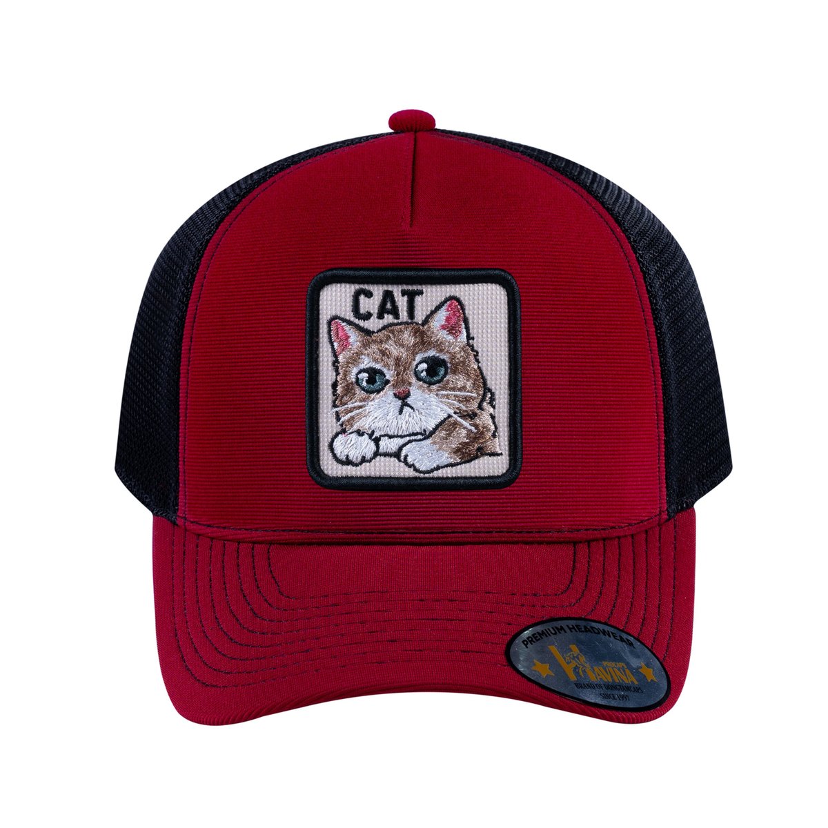 Cat V2 5-Panel Trucker Hat with Burgundy front and Black back