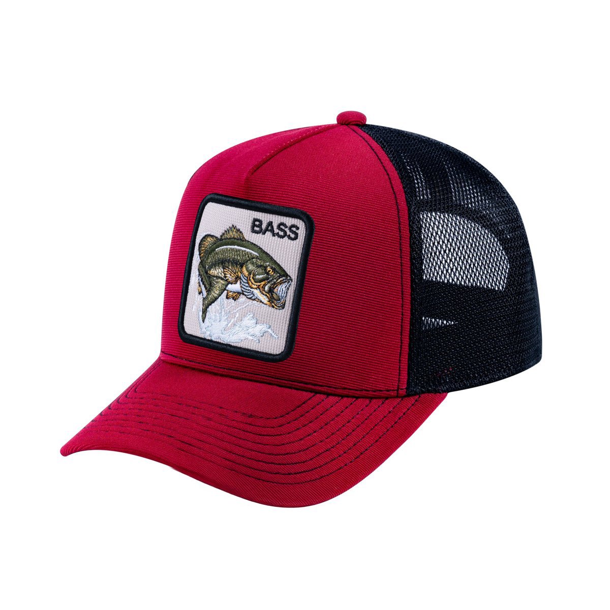 Bass V2 5-Panel Trucker Hat with Burgundy front and Black back