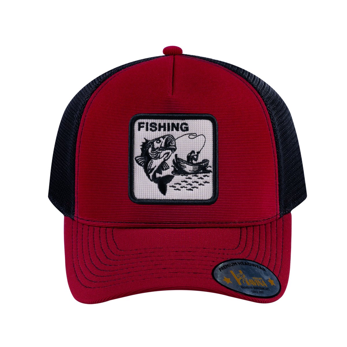 Fishing V2 5-Panel Trucker Hat with Burgundy front and Black back