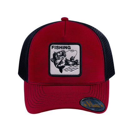 Fishing V2 5-Panel Trucker Hat with Burgundy front and Black back