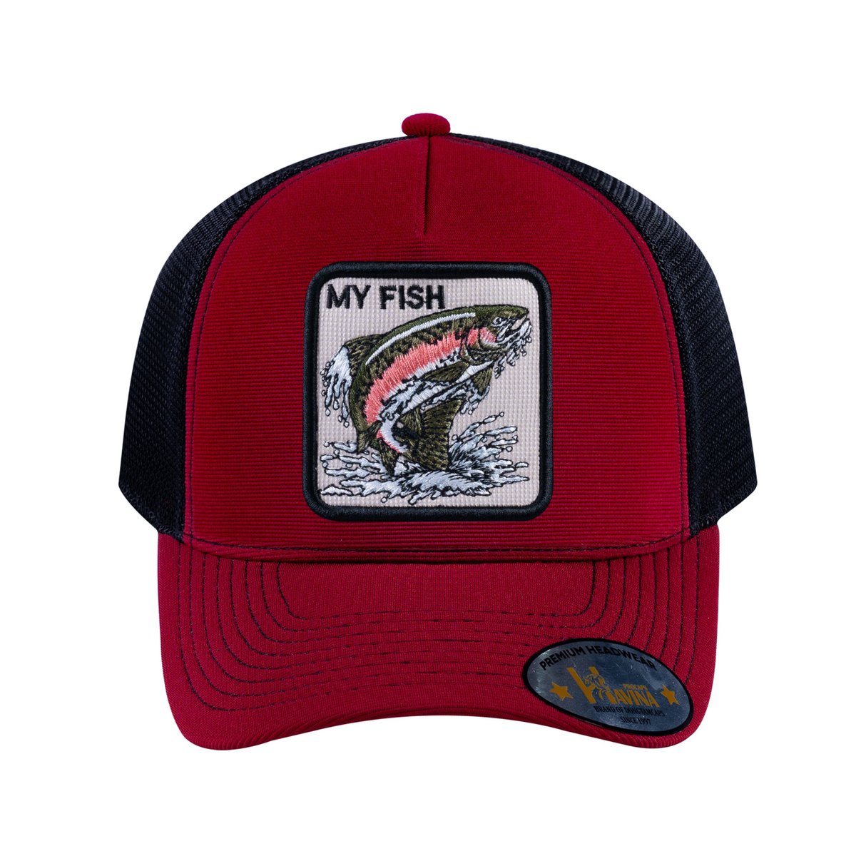 Salmon V2 5-Panel Trucker Hat with Burgundy front and Black back