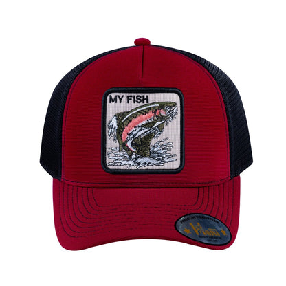 Salmon V2 5-Panel Trucker Hat with Burgundy front and Black back