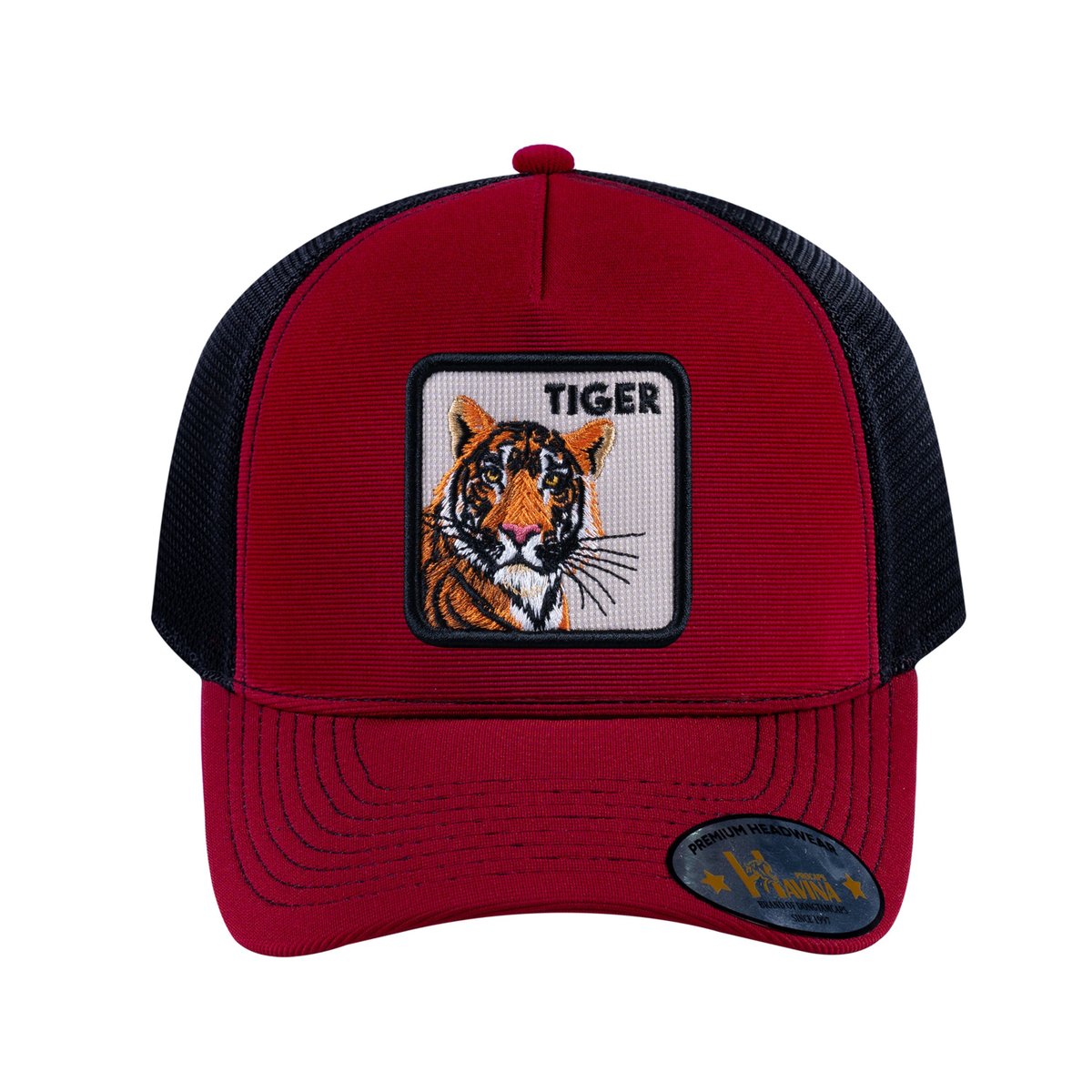 Tiger V2 5-Panel Trucker Hat with Burgundy front and Black back