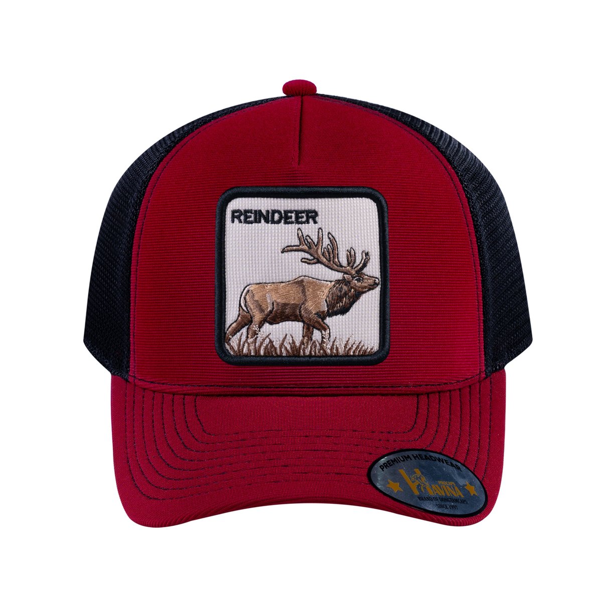Reindeer V2 5-Panel Trucker Hat with Burgundy front and Black back