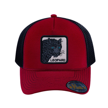 Leopard V2 5-Panel Trucker Hat with Burgundy front and Black back