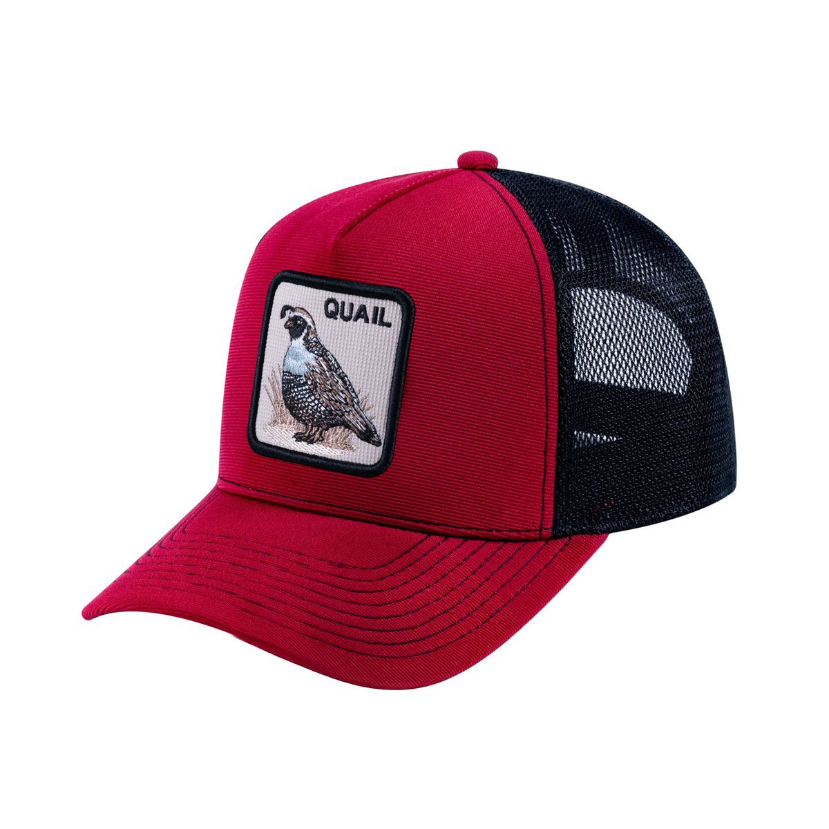 Quail V2 5-Panel Trucker Hat with Burgundy front and Black back