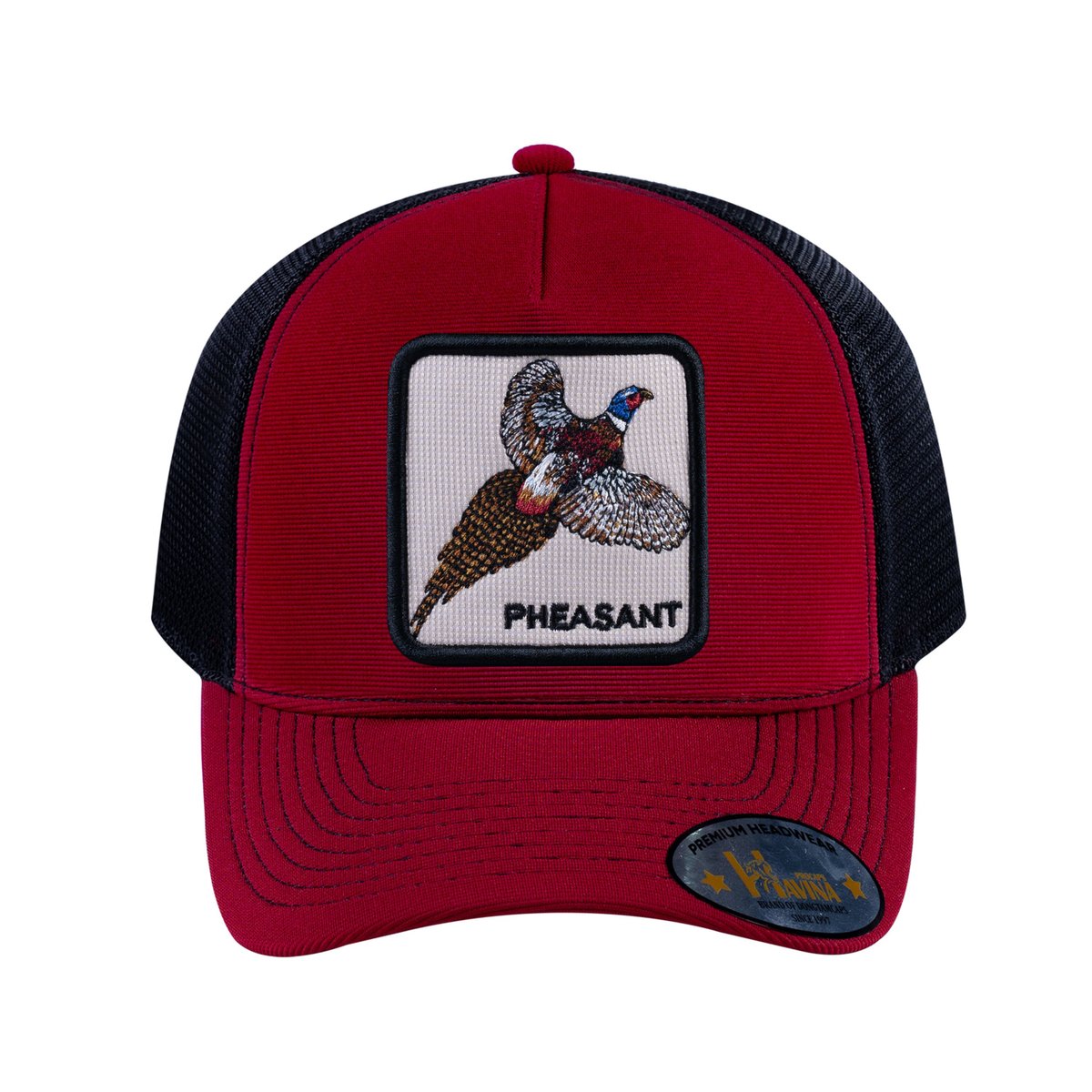 Pheasant V2 5-Panel Trucker Hat with Burgundy front and Black back