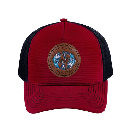 Pisces Zodiac V2 5-Panel Trucker Hat with Burgundy front and Black back
