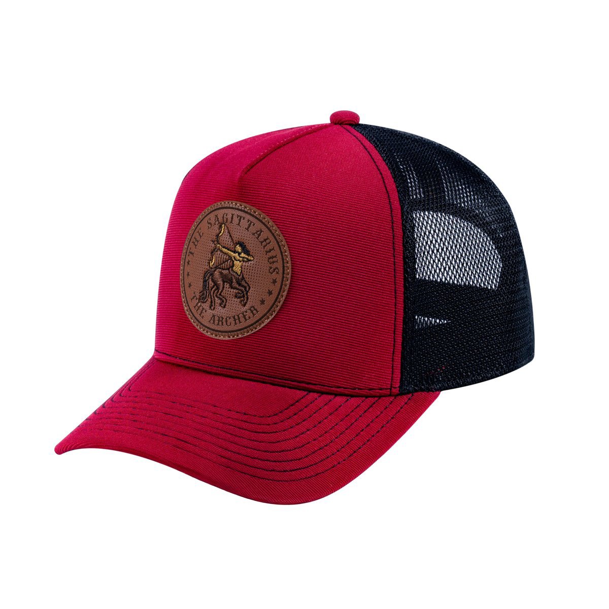 Sagittarius Zodiac V2 5-Panel Trucker Hat with Burgundy front and Black back