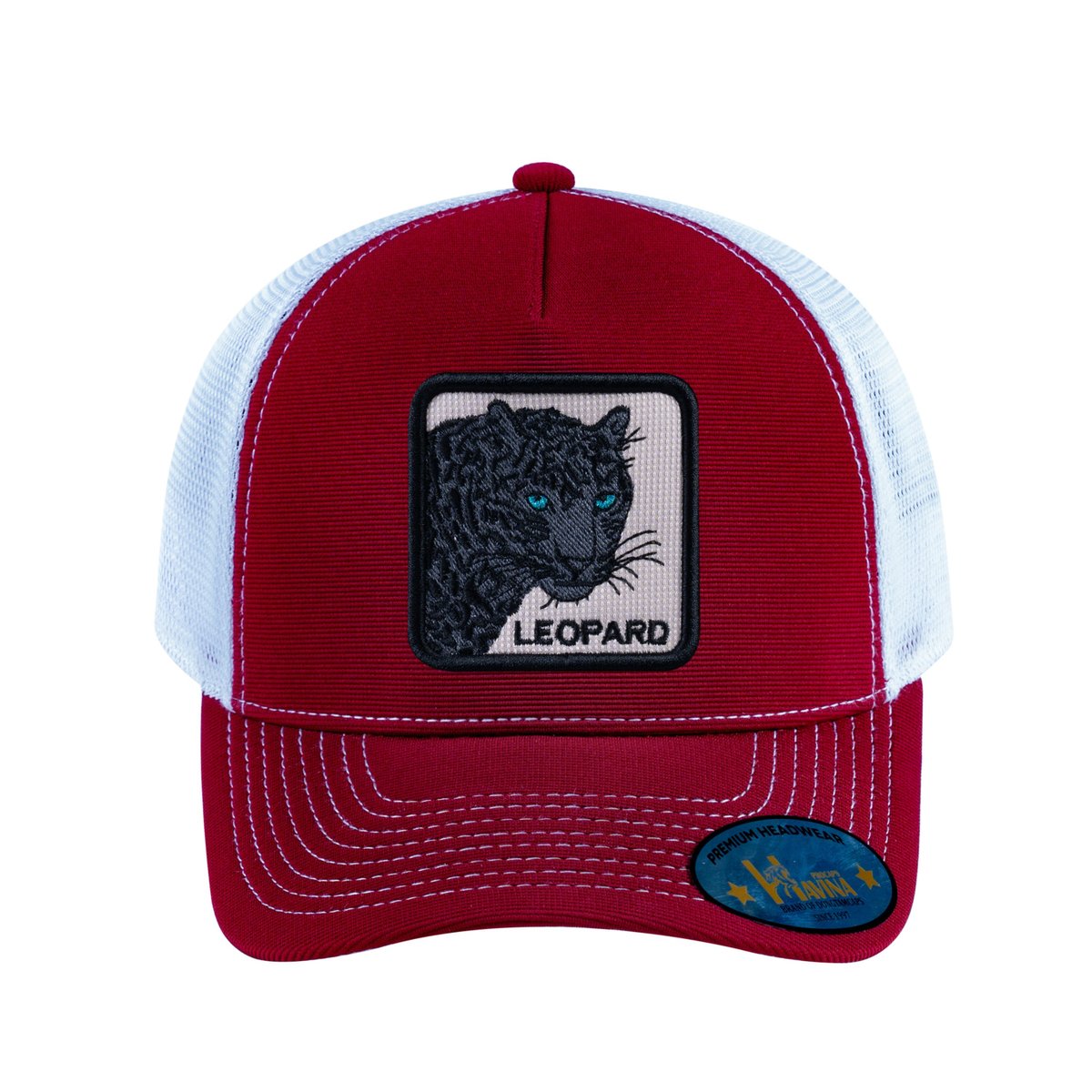 Leopard V2 5-Panel Trucker Hat with Burgundy front and White back