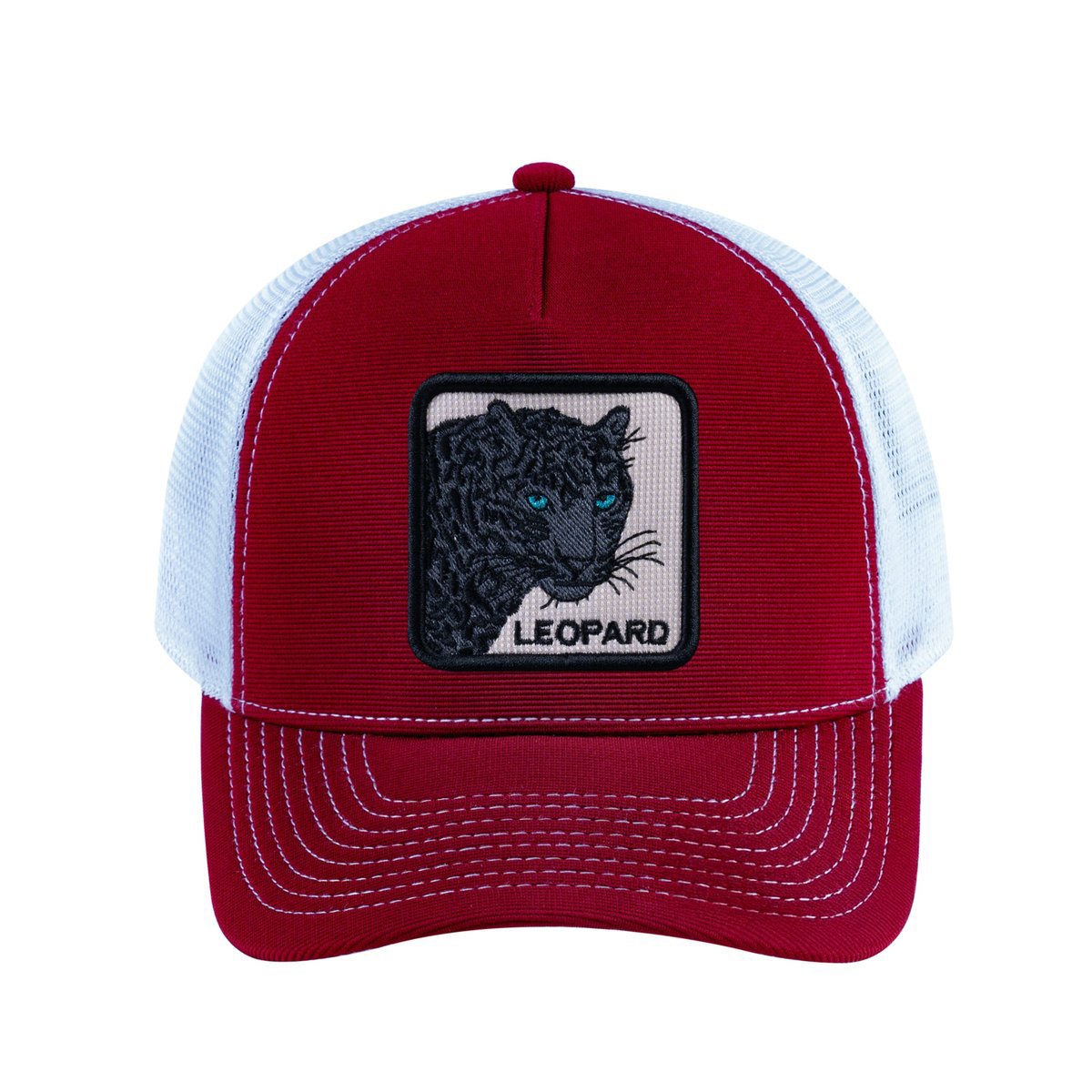 Leopard V2 5-Panel Trucker Hat with Burgundy front and White back