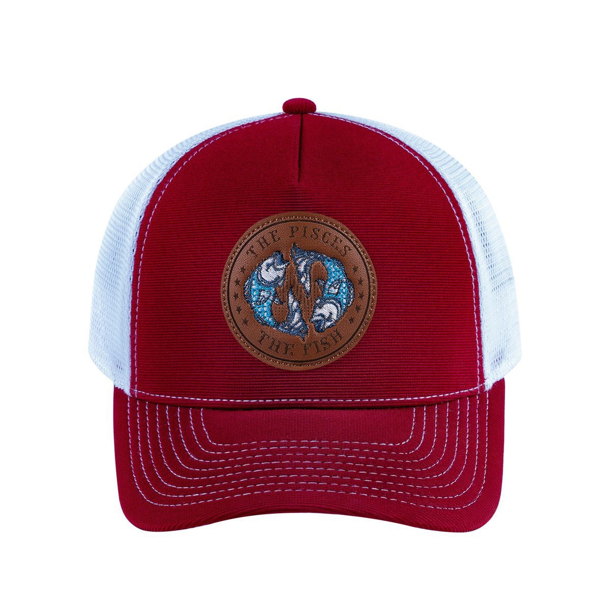 Pisces Zodiac V2 5-Panel Trucker Hat with Burgundy front and White back