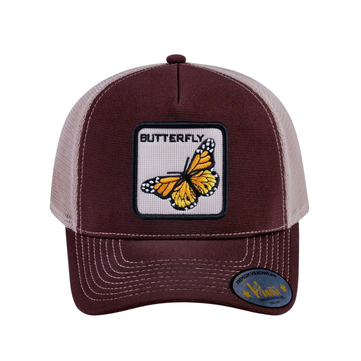 Butterfly V2 5-Panel Trucker Hat with Dark Brown front and Khaki back