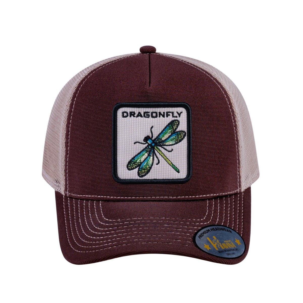 Dragonfly V2 5-Panel Trucker Hat with Dark Brown front and Khaki back