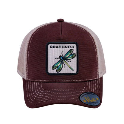 Dragonfly V2 5-Panel Trucker Hat with Dark Brown front and Khaki back