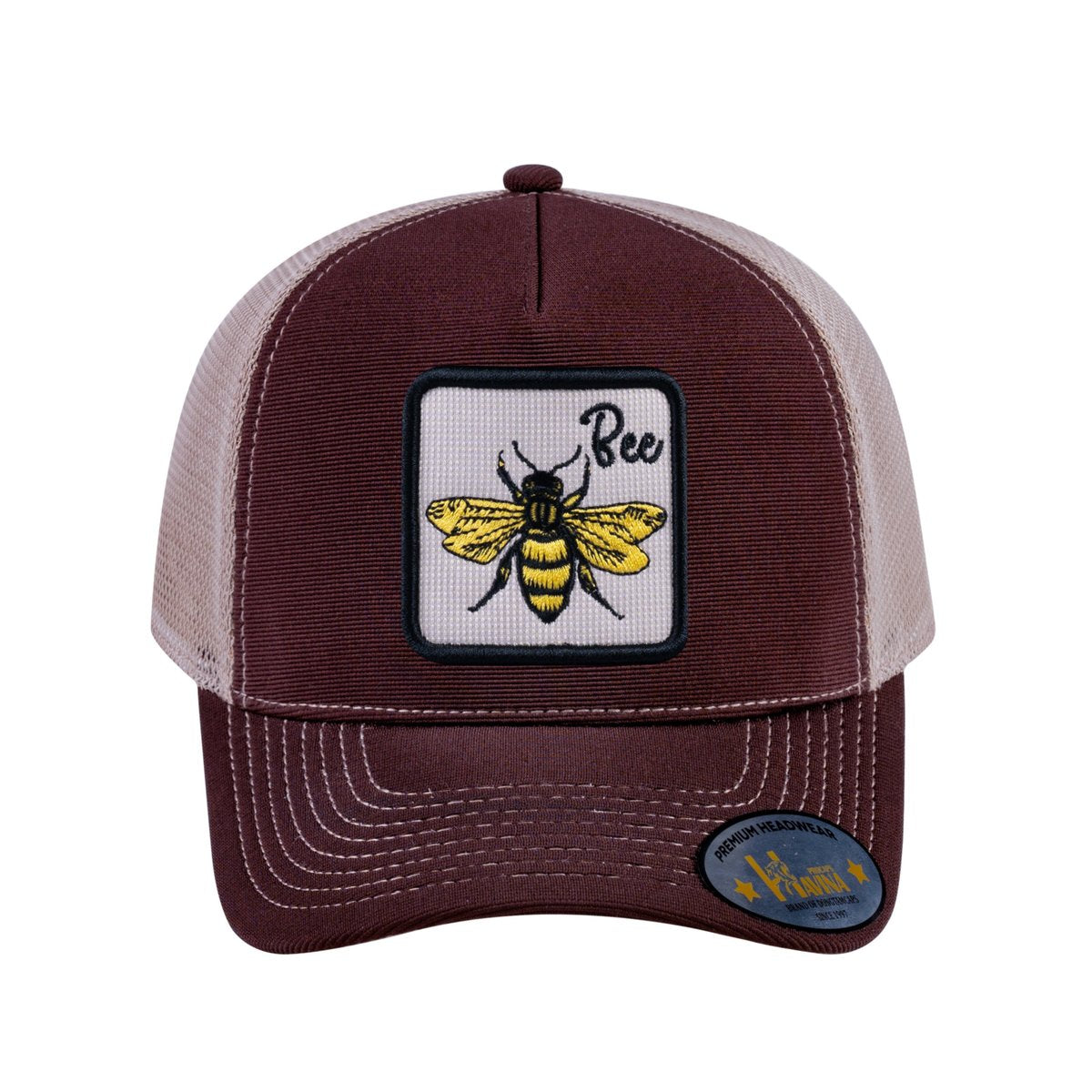Bee V2 5-Panel Trucker Hat with Dark Brown front and Khaki back