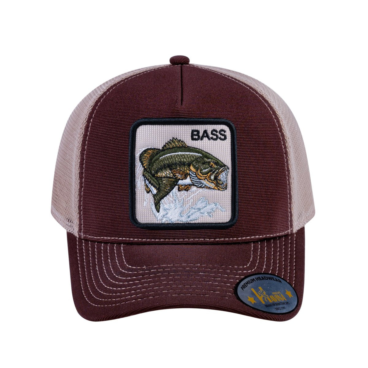 Bass V2 5-Panel Trucker Hat with Dark Brown front and Khaki back