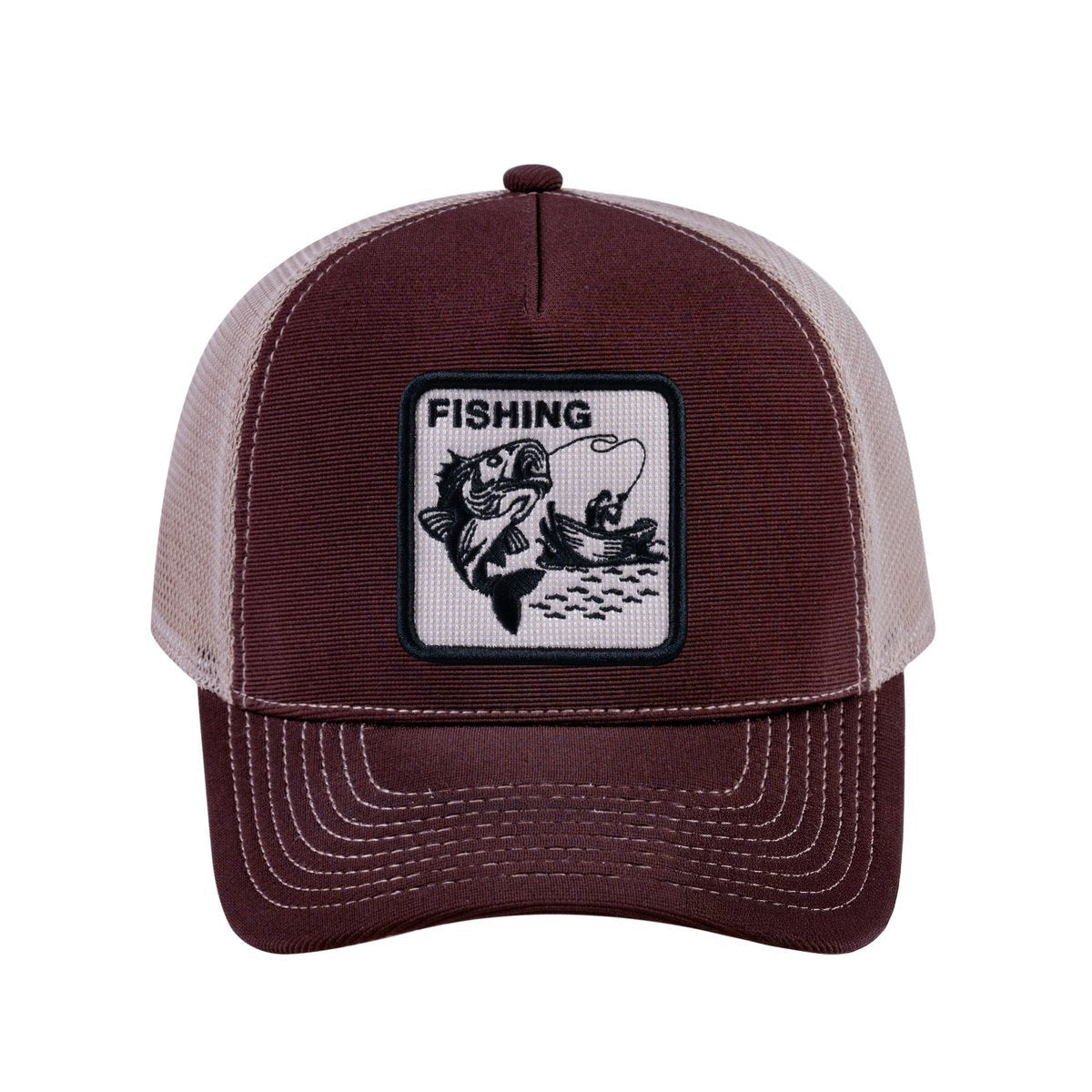 Fishing V2 5-Panel Trucker Hat with Dark Brown front and Khaki back