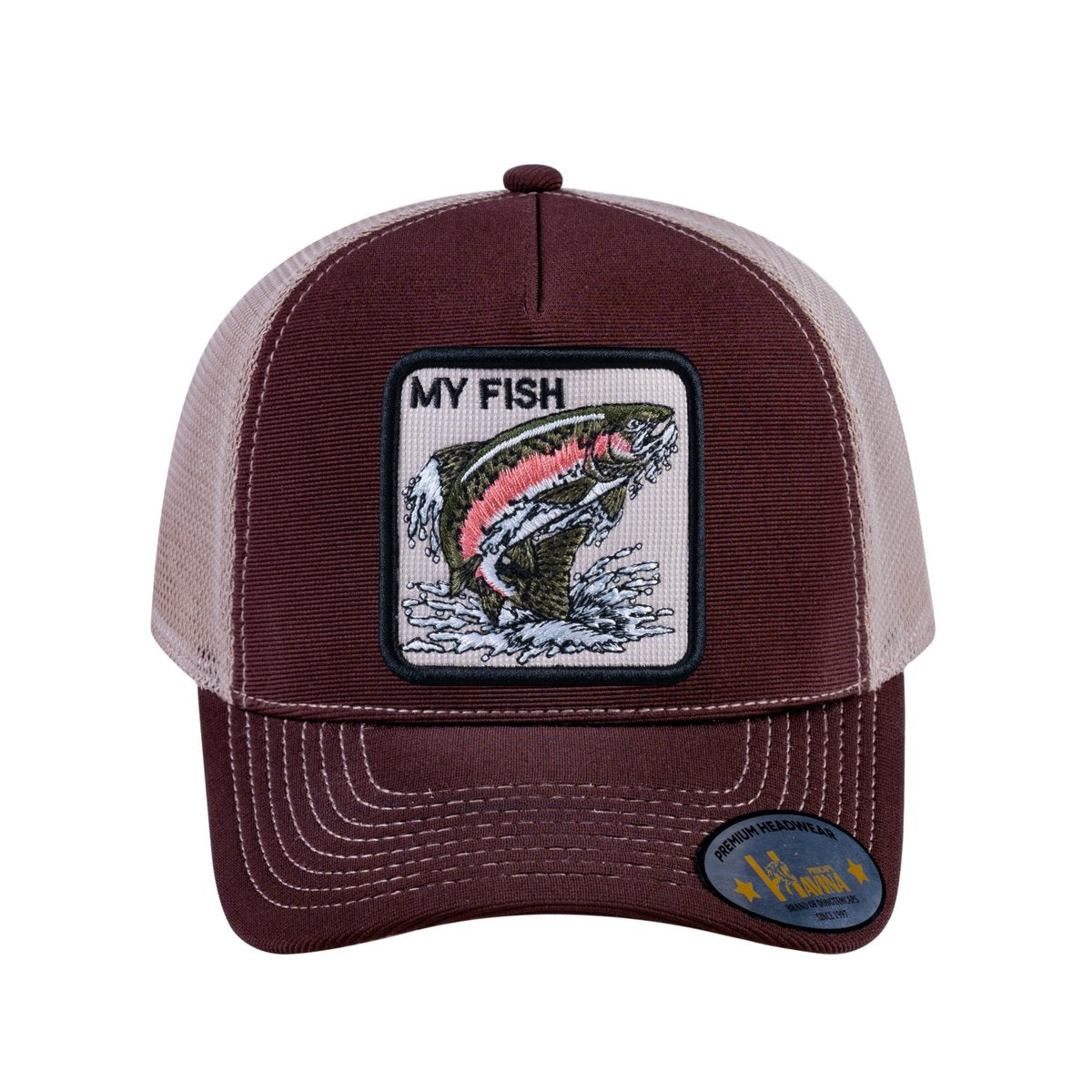 Salmon V2 5-Panel Trucker Hat with Dark Brown front and Khaki back