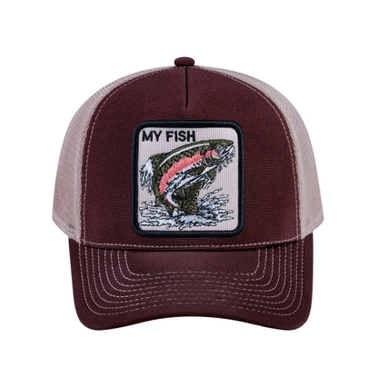Salmon V2 5-Panel Trucker Hat with Dark Brown front and Khaki back