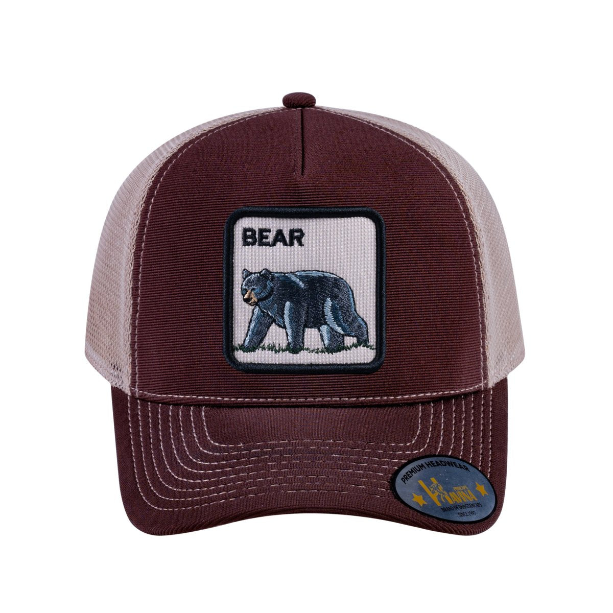 Bear V2 5-Panel Trucker Hat with Dark Brown front and Khaki back