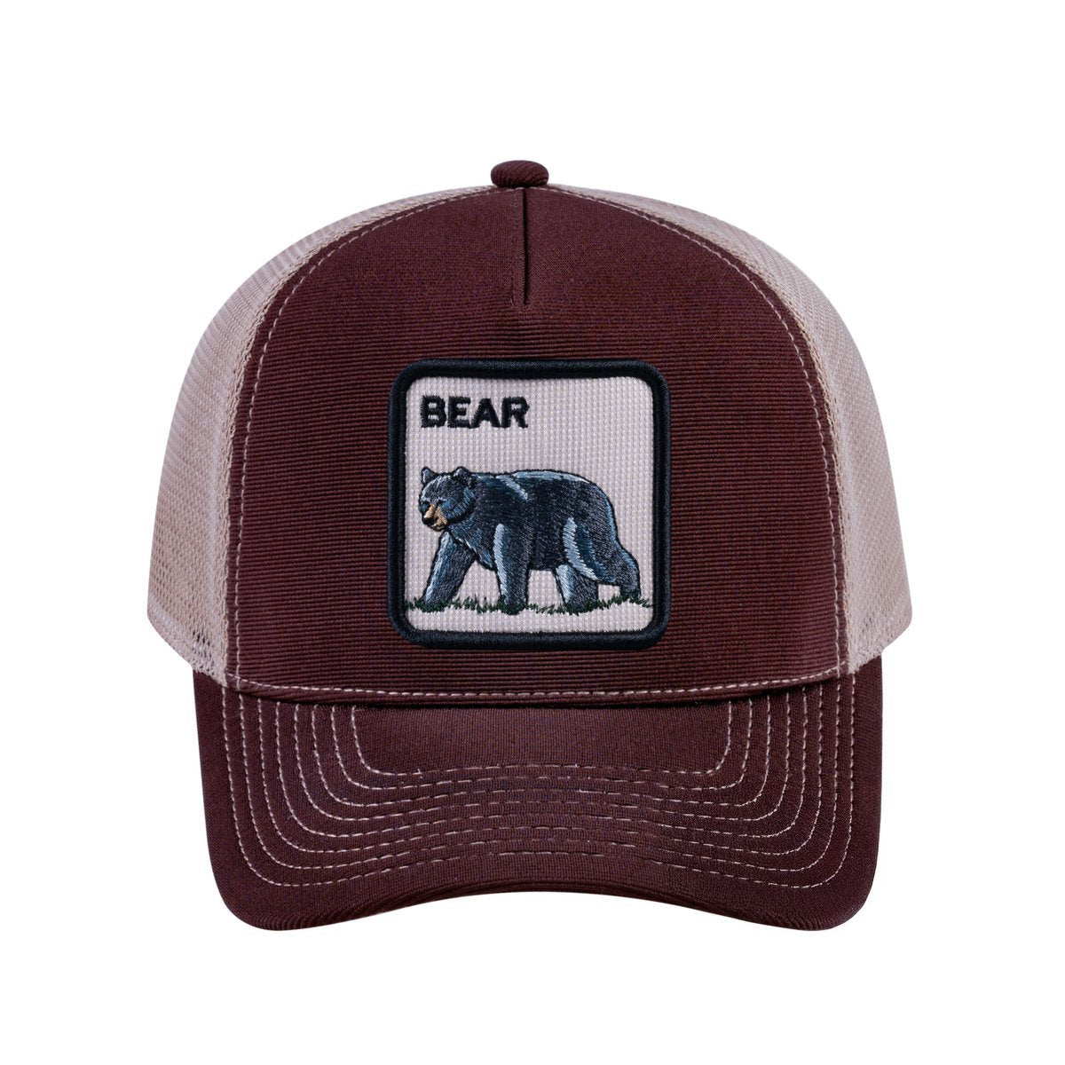 Bear V2 5-Panel Trucker Hat with Dark Brown front and Khaki back