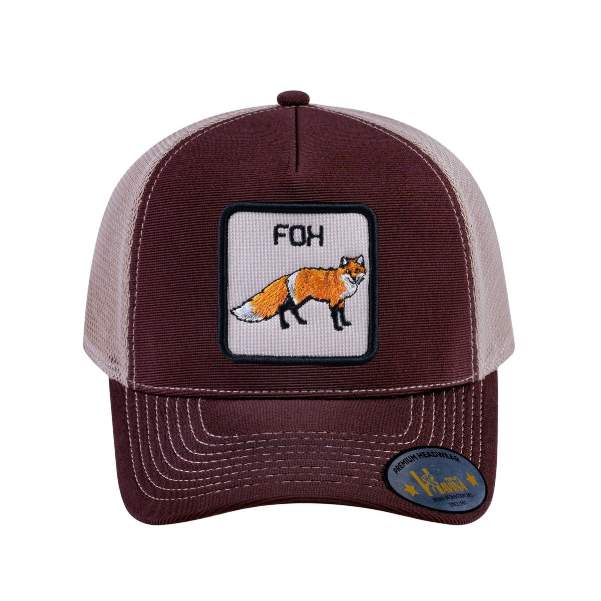 Fox V2 5-Panel Trucker Hat with Dark Brown front and Khaki back