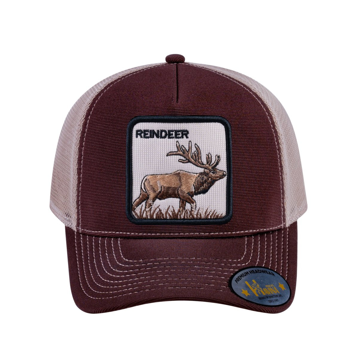 Reindeer V2 5-Panel Trucker Hat with Dark Brown front and Khaki back