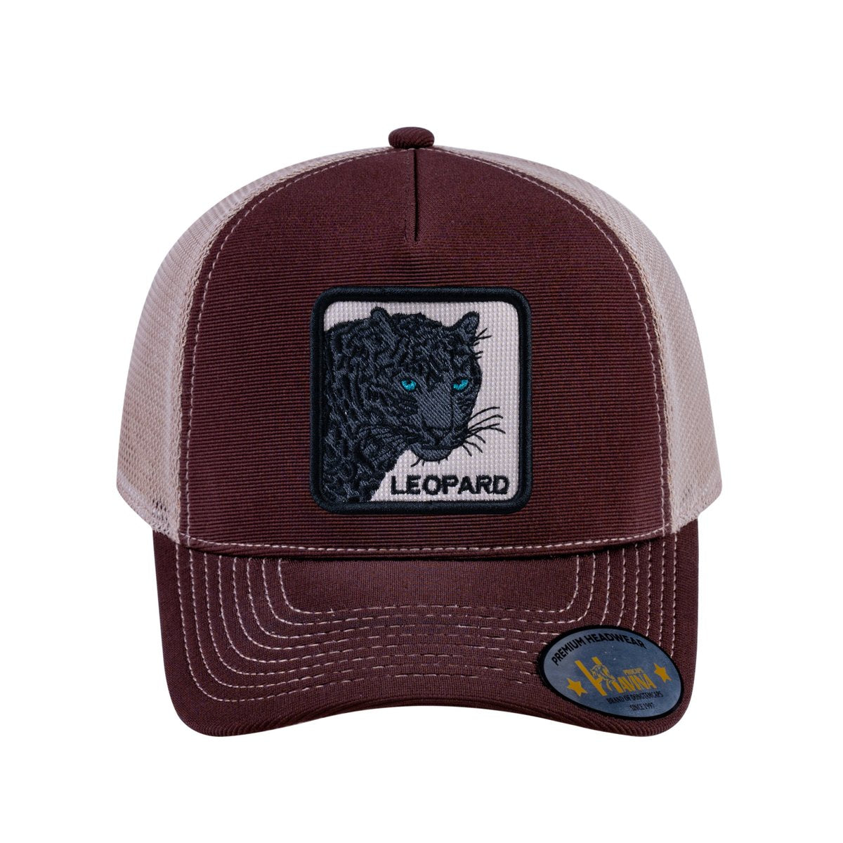 Leopard V2 5-Panel Trucker Hat with Dark Brown front and Khaki back