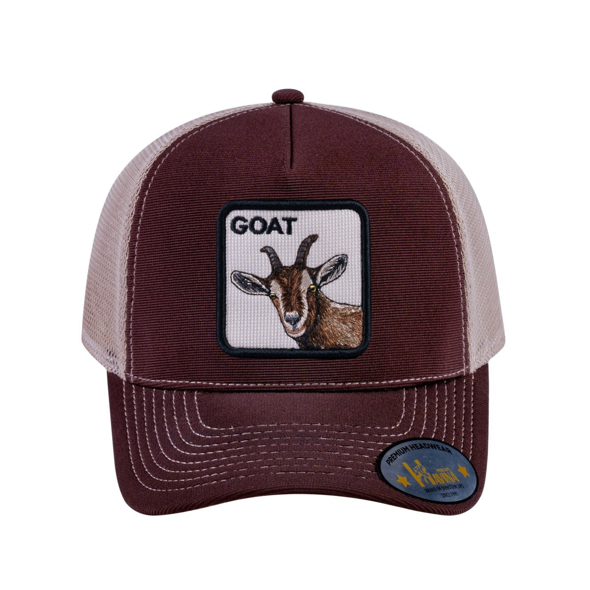 Goat V2 5-Panel Trucker Hat with Dark Brown front and Khaki back
