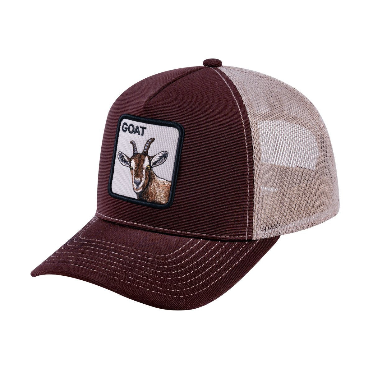 Goat V2 5-Panel Trucker Hat with Dark Brown front and Khaki back
