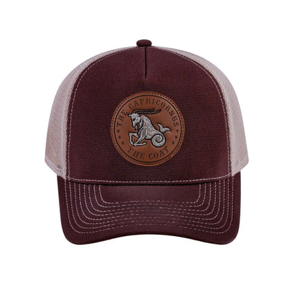 Capricorn Zodiac V2 5-Panel Trucker Hat with Dark Brown front and Khaki back