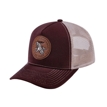 Capricorn Zodiac V2 5-Panel Trucker Hat with Dark Brown front and Khaki back