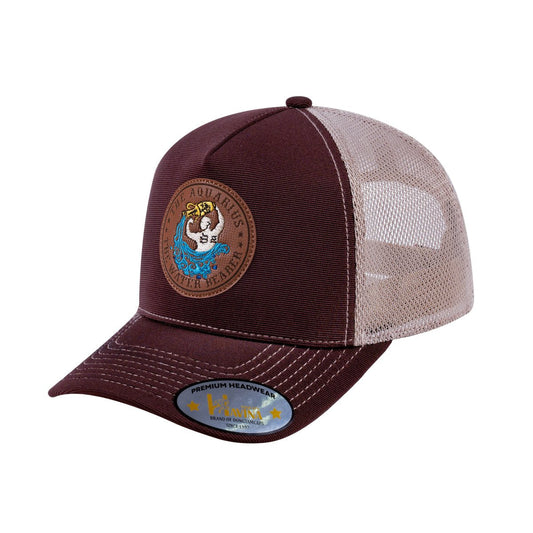 V2 Embroidered And Laser-Engraved Aquarius Zodiac (January 20 - February 18) - 5 Panel Trucker Hat - Dark Brown/Khaki
